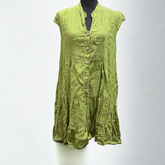 Italian 100% Linen‎ Dress with Sheer Floral Overlay Cottagecore / Fairycore - Picture 2 of 6